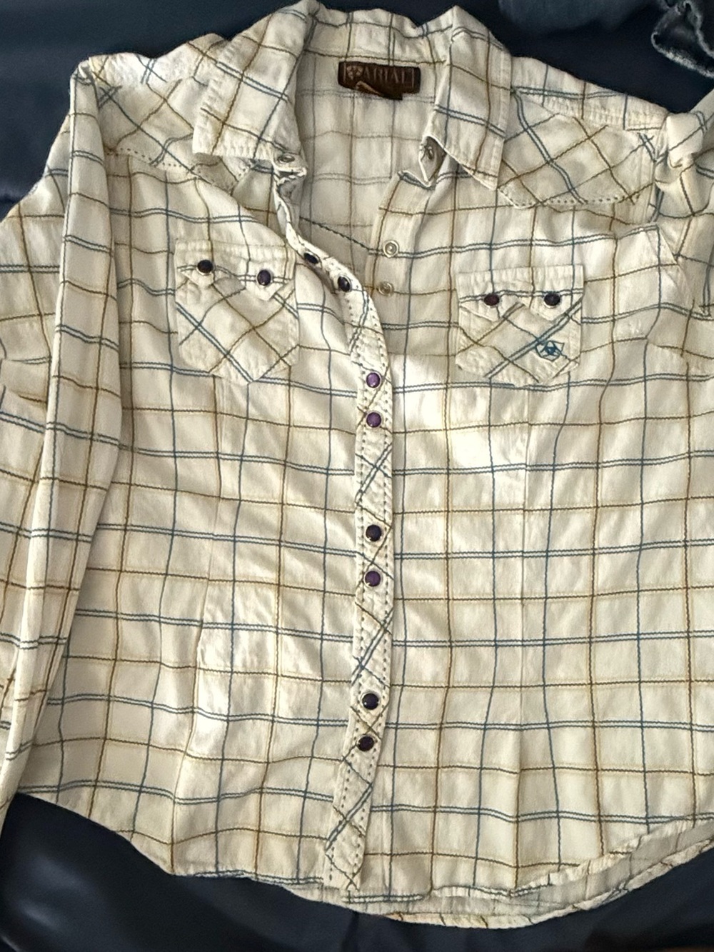 Ariat Cream Plaid Button-Down Shirt with Blue & Brown Accents Purple Pearl Snap